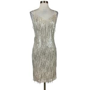 Calvin Klein Women's Cocktail Dress Size 4 Silver Sequined Fringe Midi Sheath